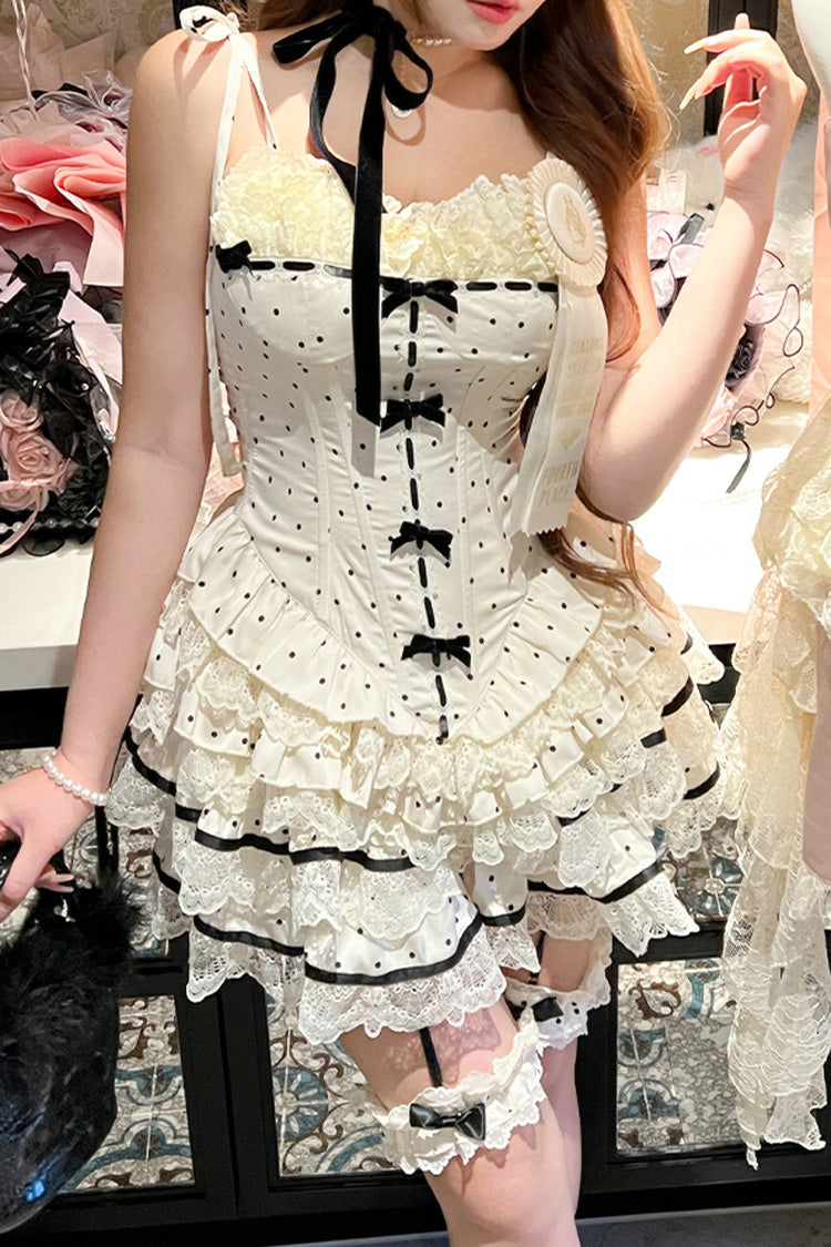 Ivory [Paris Holidays] Multi-Layered Polka Dots Print Ruffle Lace Fishbone Sweet Lolita Skirt Set - Product - 3