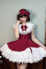 Red [Miss Tsundere] Sleeveless Multi-Layered Ruffle Bowknot Lace Asymmetric Sweet Princess Lolita Dress - Product - 11
