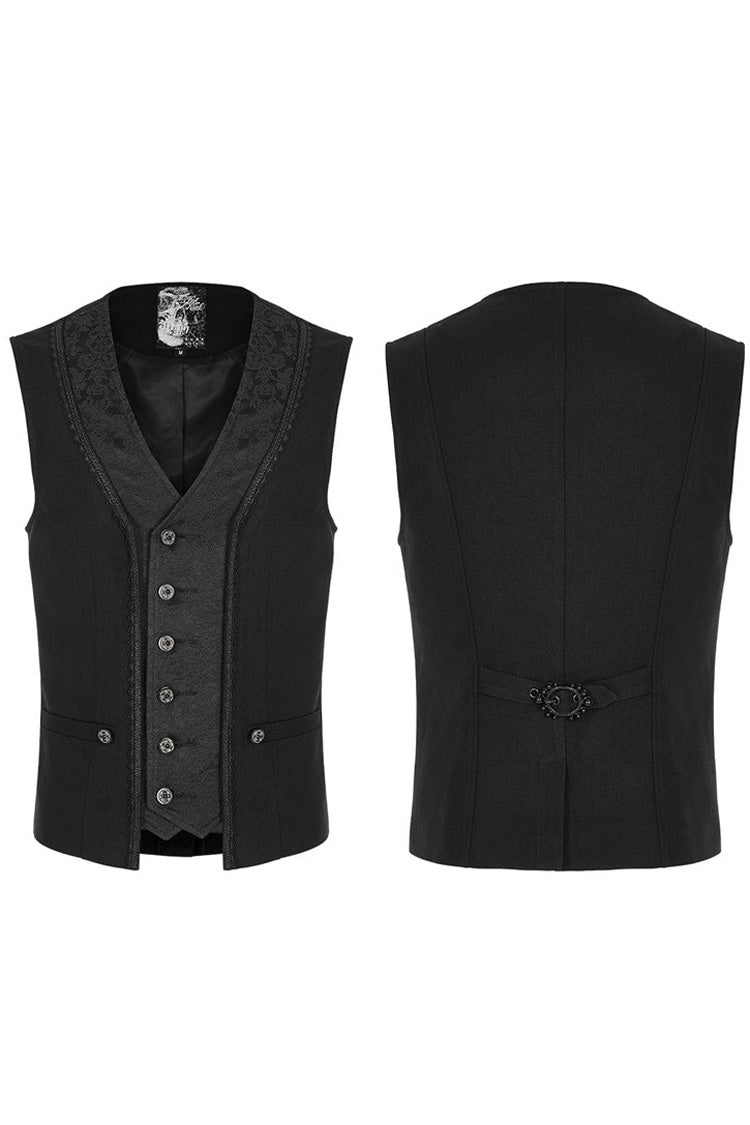 Black Punk Jacquard V-Neck Stitching Three Dimensional Engraving Hand Sewn Button Lace Short Men's Vest - Product - 5
