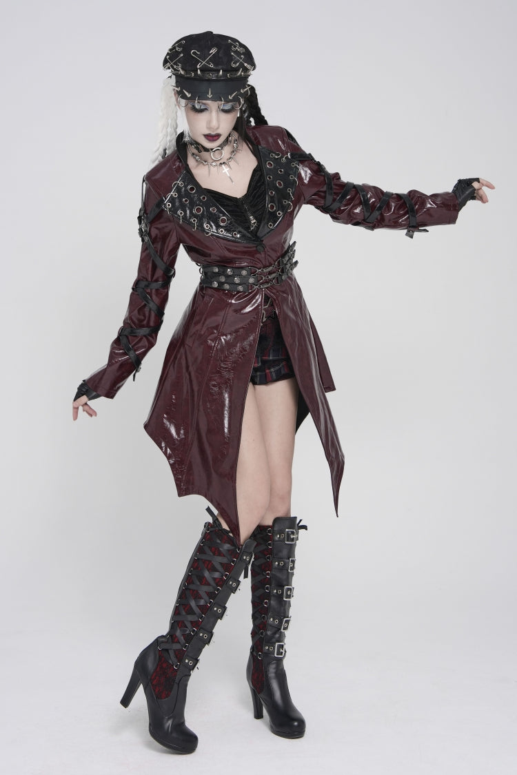 Red Lapel Collar Long Sleeves Lace-Up Irregular Eyelets & Rings Women's Punk Coat - Product - 11