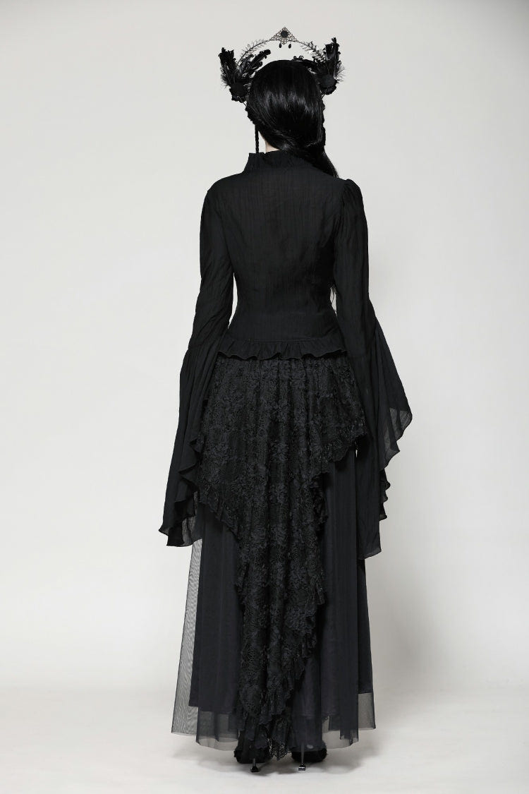 Black Ruffled V Collar Cross Ornament Long Trumpet Sleeves Pleated Women's Gothic Top - Product - 4