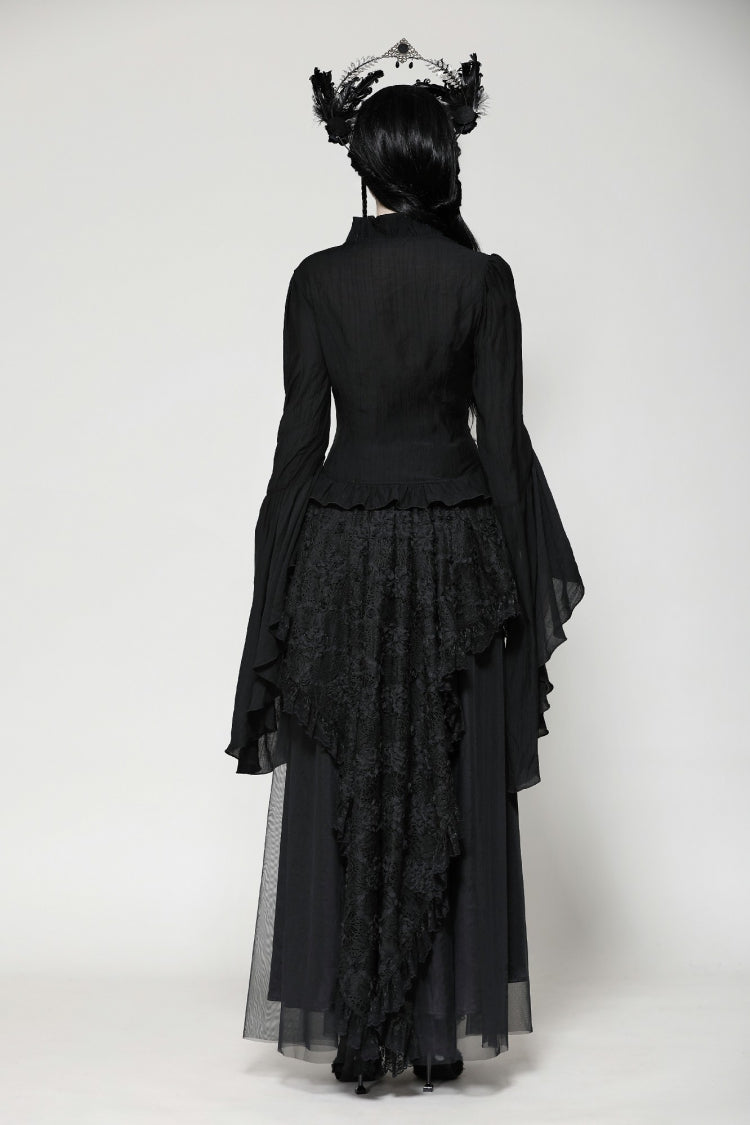 Black Ruffled V Collar Cross Ornament Long Trumpet Sleeves Pleated Women's Gothic Top - Product - 4
