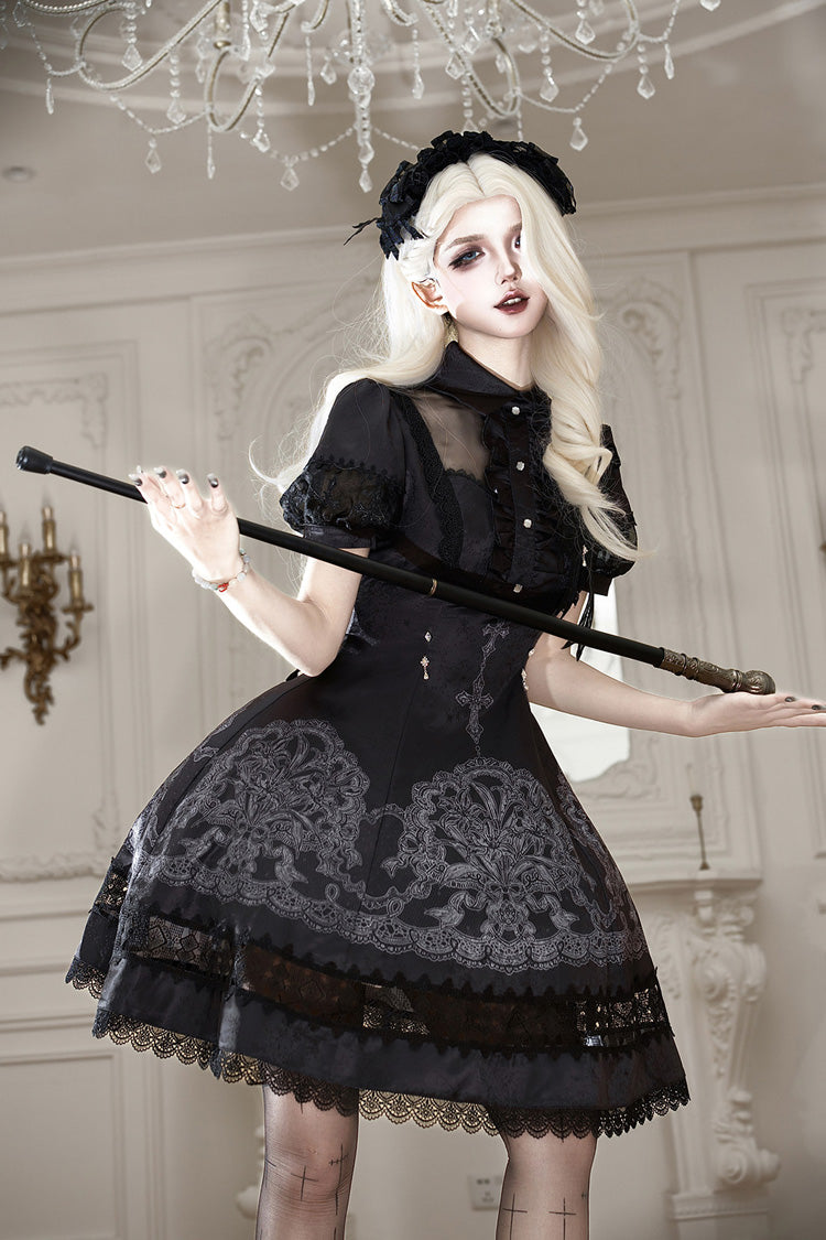 Black Lapel Collar Short Sleeves Ruffled Embroidered Lace Classic Gothic Elegant Lolita Dress - Product - 2
