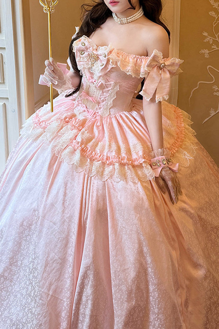 Pink [White Moonlight Lover] Romantic Commemorative Ceremony Sleeveless Ruffled Bow Lace Lace-Up Sweet Elegant Lolita Strapless Dress - Product - 8