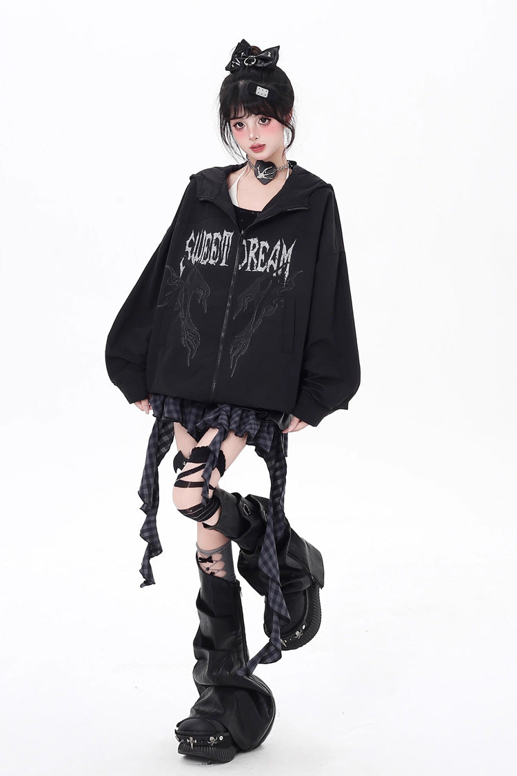 Black Long Sleeves Print Zipper Gothic Loose Jirai Kei Coat - Product - 2