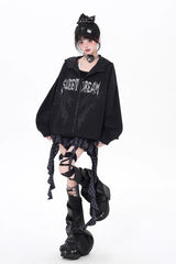 Black Long Sleeves Print Zipper Gothic Loose Jirai Kei Coat - Product - 2
