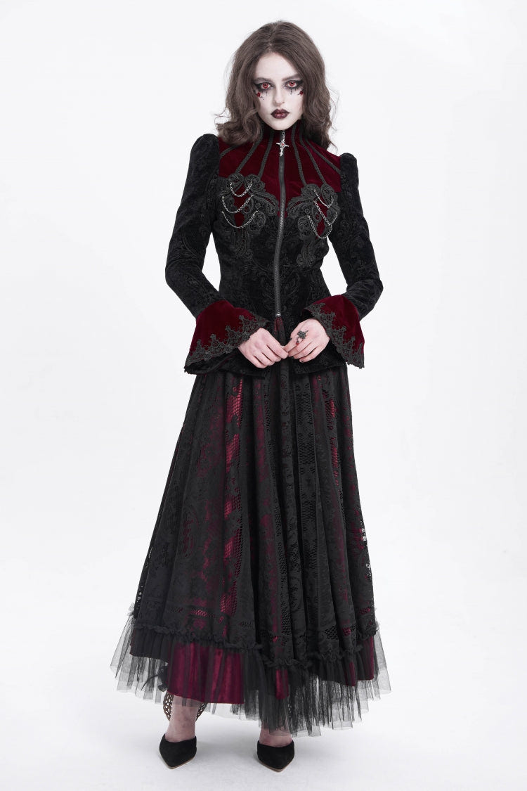 Black/Red Stand Collar Long Trumpet Sleeves Embroidery Women's Gothic Jacket - Product - 10