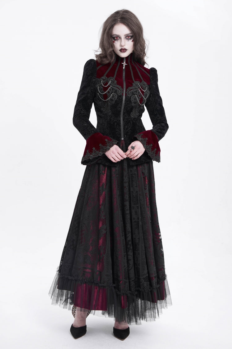 Black/Red Stand Collar Long Trumpet Sleeves Embroidery Women's Gothic Jacket - Product - 10