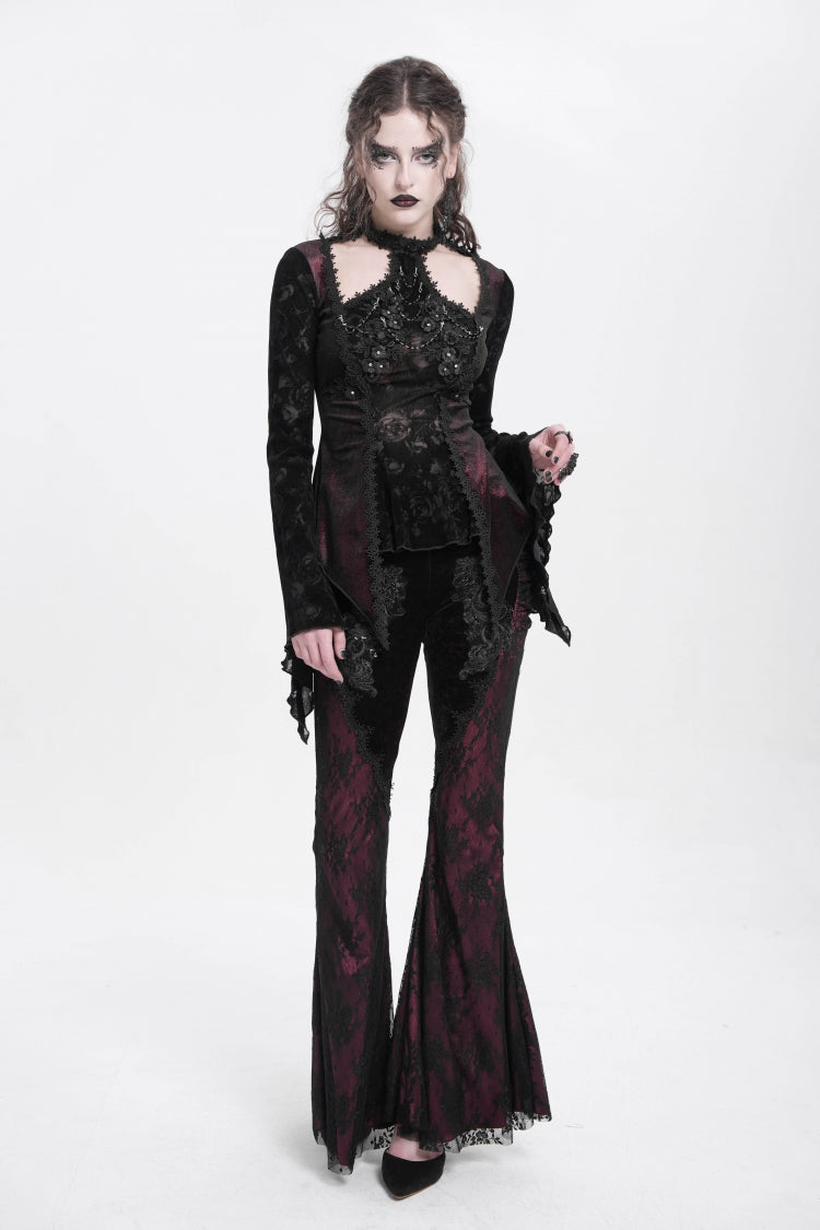 Red Long Trumpet Sleeves Jacquard Cutout Women's Gothic Blouse - Product - 13