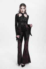 Red Long Trumpet Sleeves Jacquard Cutout Women's Gothic Blouse - Product - 13