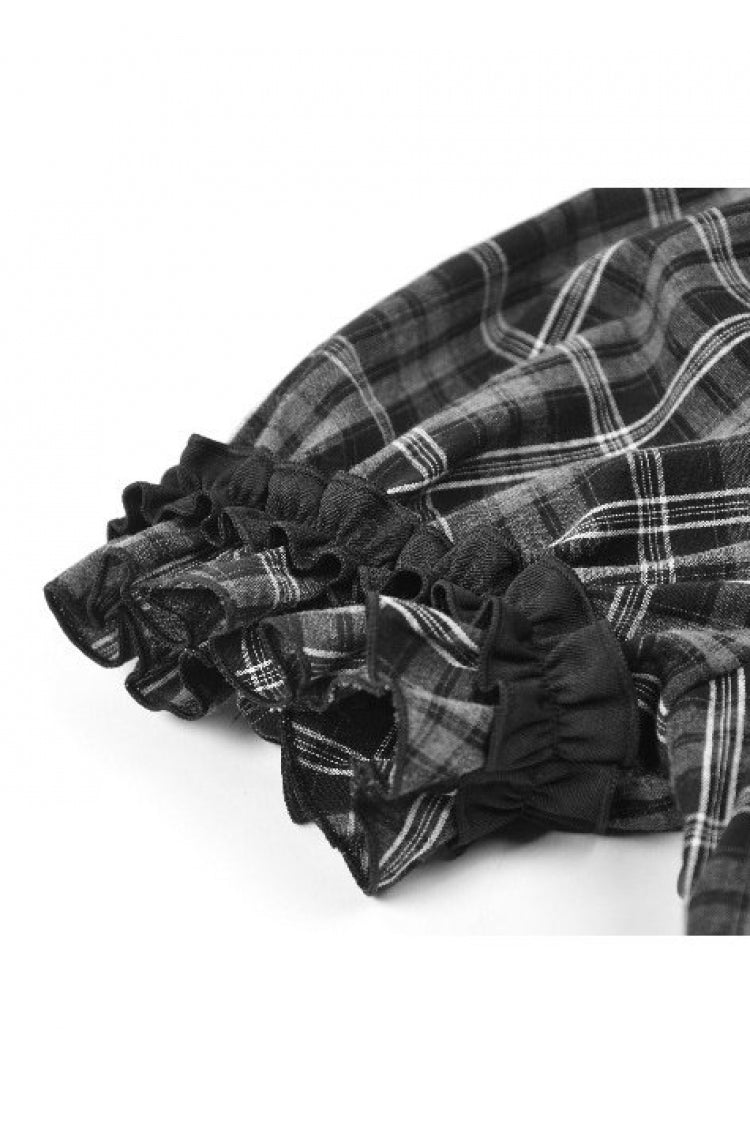 Black/White Plaid Stand Collar Short Puff Sleeves Ruffled  Lace Lace-Up Women's Lolita Gothic Dress - Product - 16
