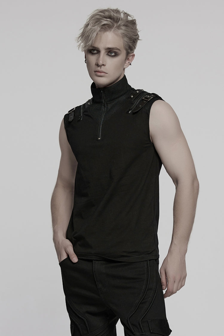 Black Stand Collar Sleeveless Stitching Mesh Zipper Men's Punk Vest - Product - 2