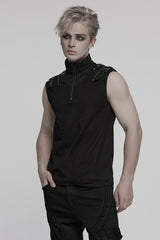 Black Stand Collar Sleeveless Stitching Mesh Zipper Men's Punk Vest - Product - 2