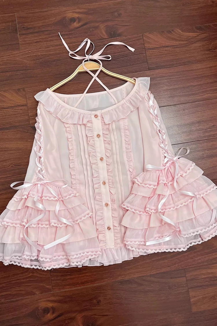 Sweet Chiffon Long Hime Sleeves Ruffled Bow Lolita Blouse 3 Colors - Pink - 2