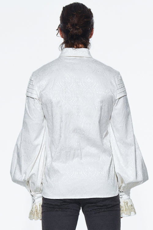 Beige Embroidered Ruffled Sleeves Jacquard Mens Gothic Blouse - Product - 3