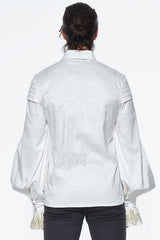 Beige Embroidered Ruffled Sleeves Jacquard Mens Gothic Blouse - Product - 3