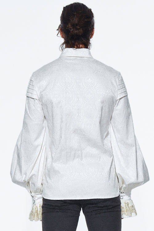 Beige Embroidered Ruffled Sleeves Jacquard Mens Gothic Blouse - Product - 3