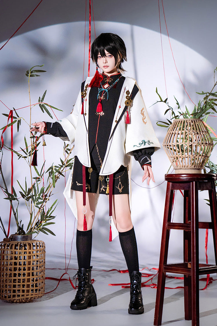 Black/White [Mountain Spirit] Long Sleeves Embroidered Hooded Classic Chinese Inspired Ouji Lolita Shorts Set - Product - 5