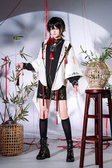 Black/White [Mountain Spirit] Long Sleeves Embroidered Hooded Classic Chinese Inspired Ouji Lolita Shorts Set - Product - 5
