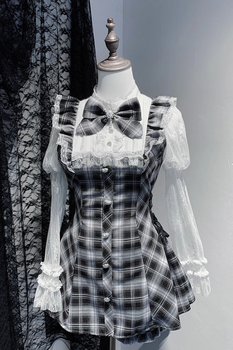 [Feather Ode] Jirai Kei Stand Collar Long Sleeves Ruffled Bow Lace Sweet Japanese Dress Shorts Set 2 Colors - Product - 3
