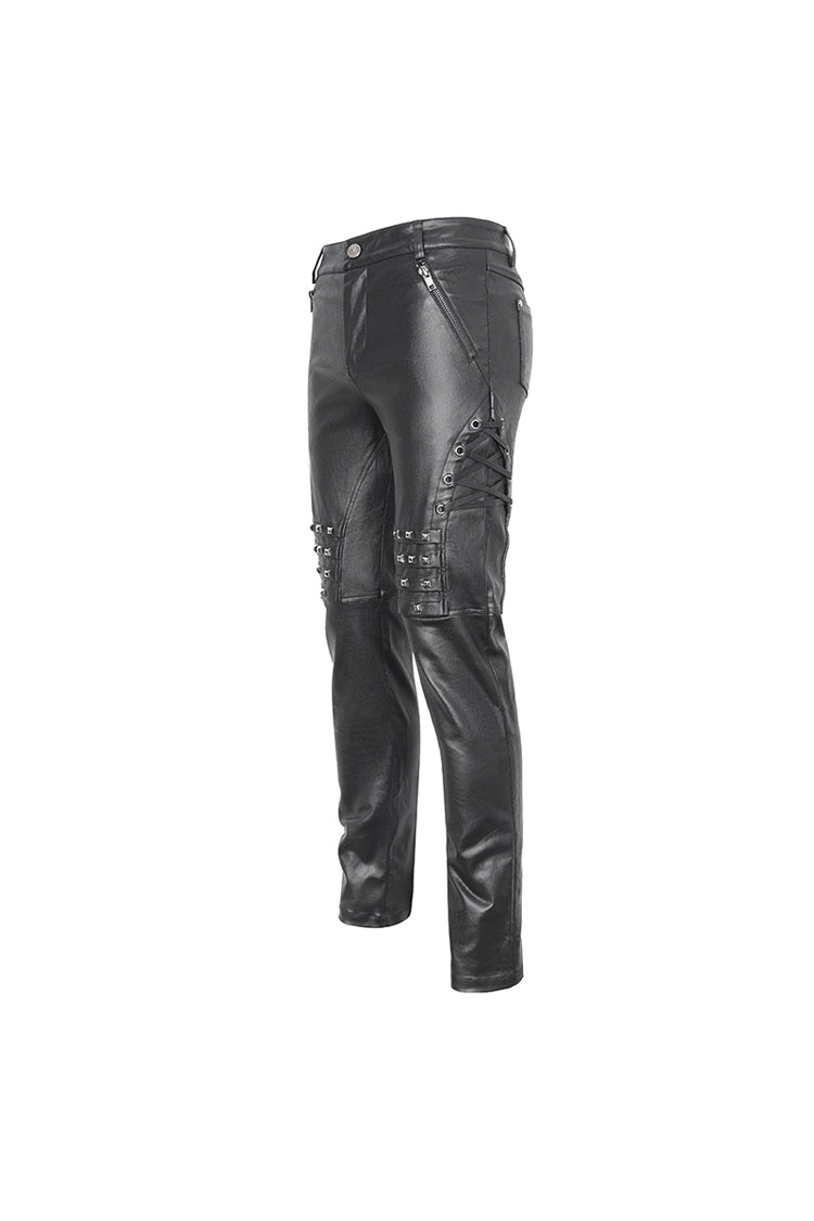 Black Studded Lace Up Leather Men's Punk Pants - Product - 8
