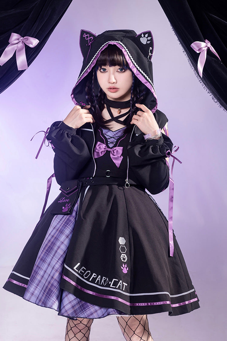 Black/Purple Cat Paw Print Bowknot Gothic Lolita Jsk Dress Set - Product - 2