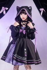 Black/Purple Cat Paw Print Bowknot Gothic Lolita Jsk Dress Set - Product - 2