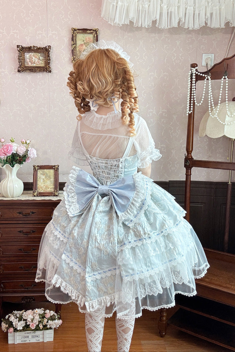 Blue [Moonlight Woven Flower Box] Square Collar Multi-Layered Ruffled Hanayome Embroidered Bow Lace Sweet Plus Size Lolita Jsk Dress Set - Product - 4