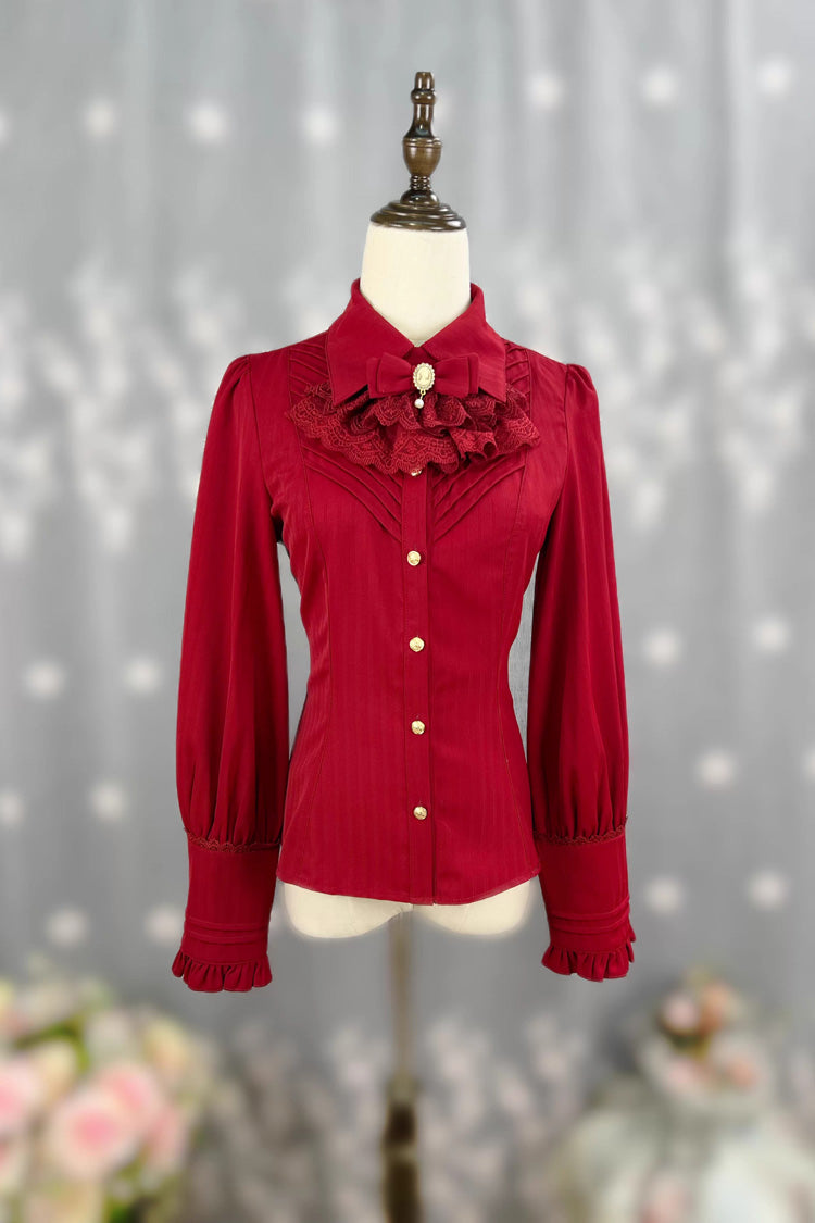 [Enchanted Dreamland] Lapel Collar Long Sleeves Ruffled Lace Slim Classic Elegant Lolita Blouse 6 Colors - Red - 2