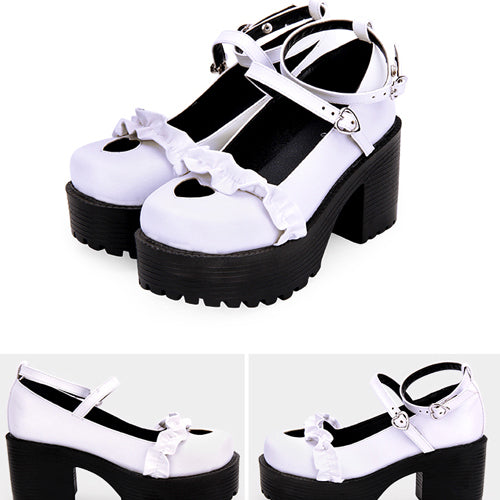 Round Toe Hollow Out Heart Shape Ruffle School Sweet Lolita Shoes - Product - 11