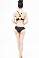Black Lace-Up Jacquard Tassel Women's Gothic Swimsuit Set - Product - 8