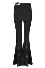 Black Retro Style Dark Plaid Side Shaped Rubber Buckle Decoration Perspective Flare Women's Punk Pant - Product - 5