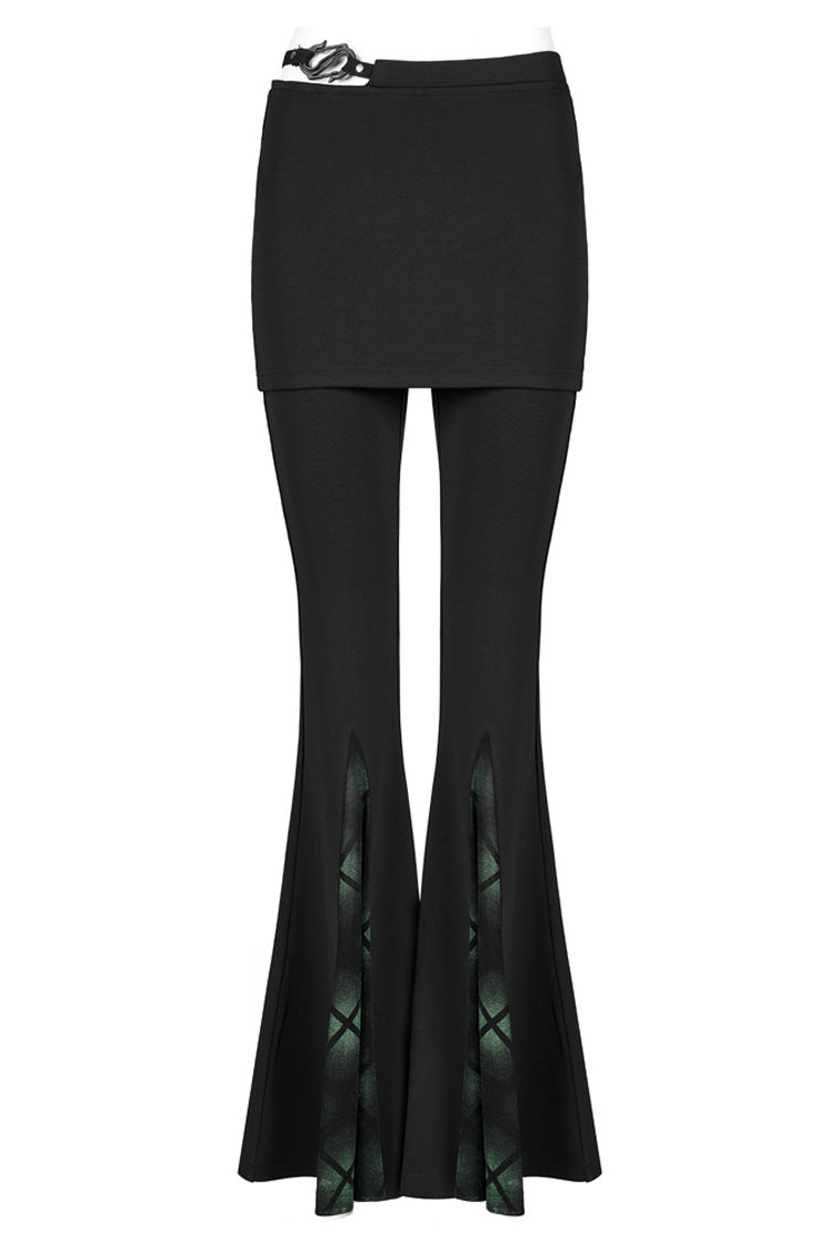 Black Retro Style Dark Plaid Side Shaped Rubber Buckle Decoration Perspective Flare Women's Punk Pant - Product - 5