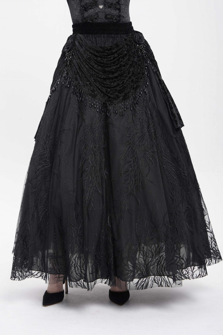 Black Floral Embroidered Beaded Women's Gothic Long Skirt - Black - 1