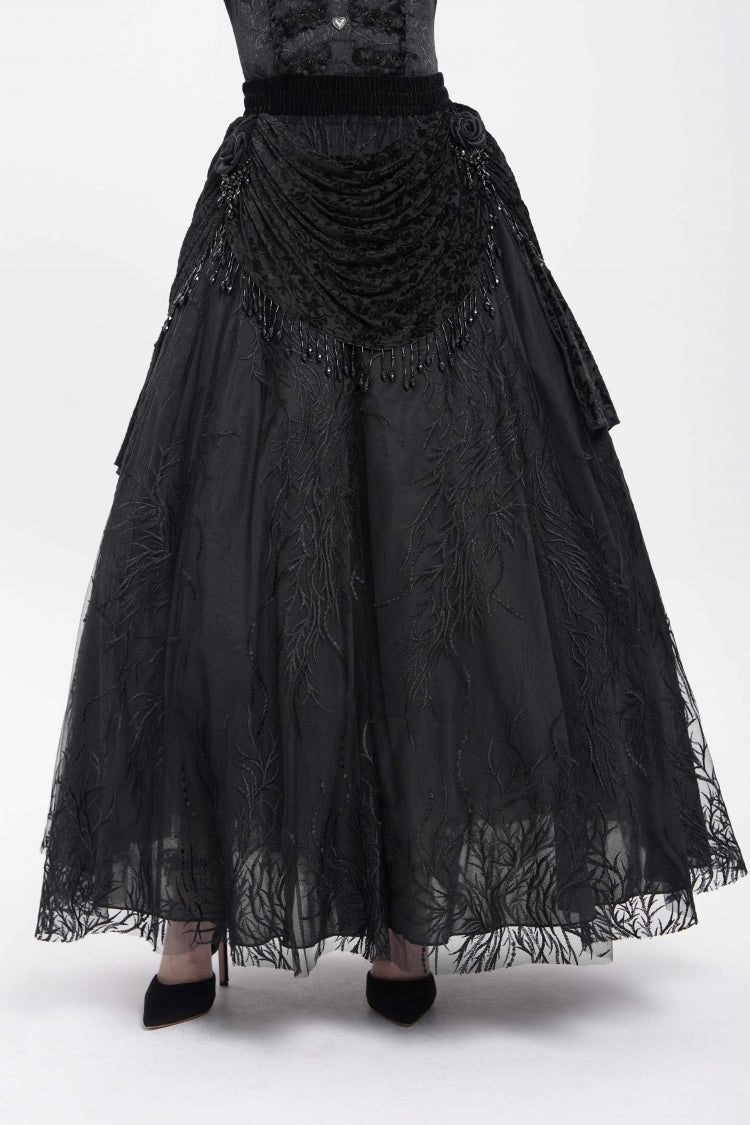 Black Floral Embroidered Beaded Women's Gothic Long Skirt - Black - 1