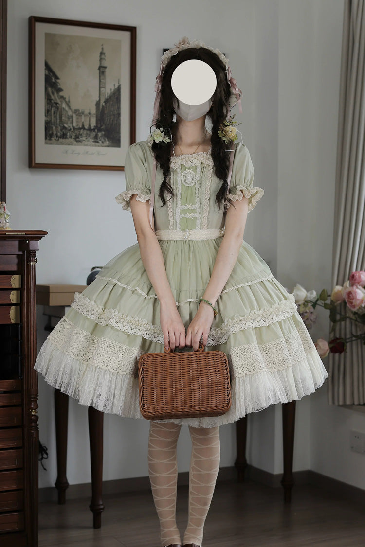 Muscat Green [Vintage Ball 3.0] Square Collar Short Sleeves Lace Pearl Detail Sweet Lolita Dress - Product - 3