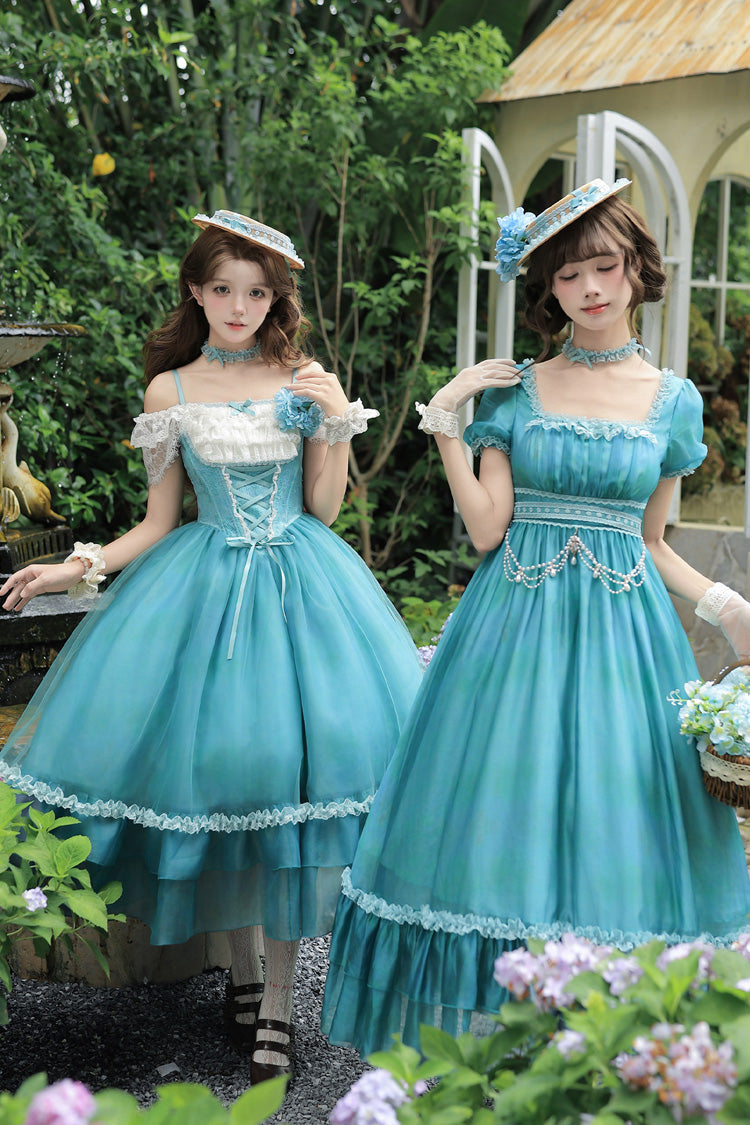 Blue/Green [Water Lily] Square Collar Ruffled Lace-Up Sweet Royal Lolita Dress 2 Versions - Product - 2