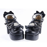 Black Synthetic Leather Cross Straps Bow Lolita Shoes - Product - 3