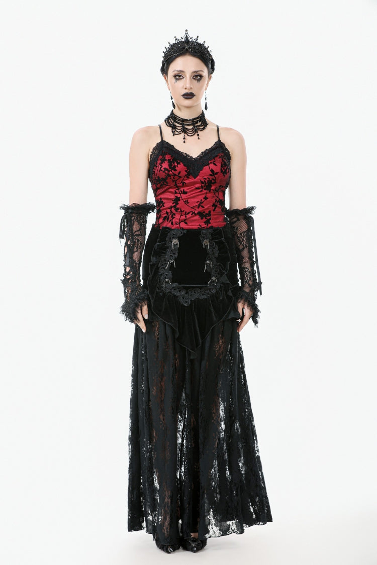 Black Multi-Layered Ruffled Velvet Spliced Lace Lace-Up Women's Gothic Long Skirt - Product - 5