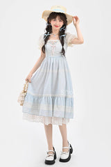 Blue Short Sleeves Embroidery Bowknot Lace Sweet Princess Lolita Dress - Product - 4