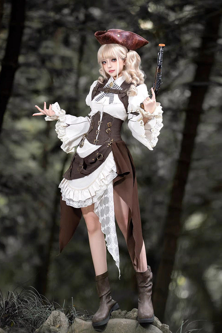 White/Brown [Time Capsule Pirate Style] Long Sleeves Ruffled Irregular Gothic Vintage Elegant Lolita Skirt Set - White/Brown(Set) - 1
