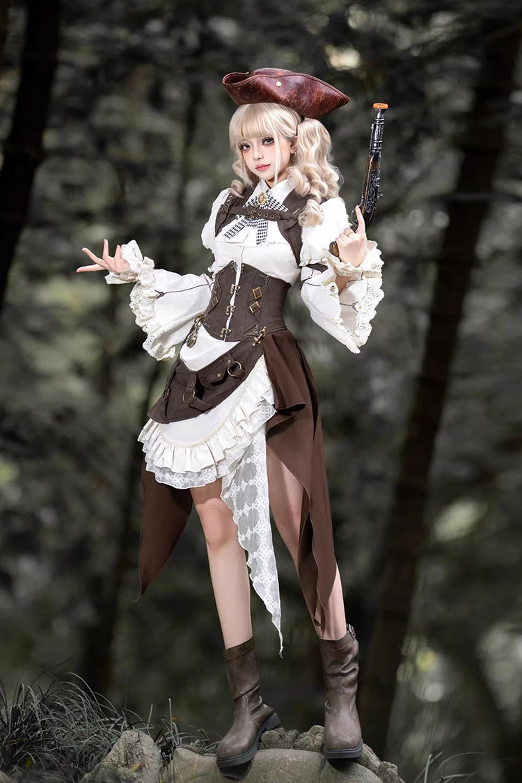 White/Brown [Time Capsule Pirate Style] Long Sleeves Ruffled Irregular Gothic Vintage Elegant Lolita Skirt Set - White/Brown(Set) - 1