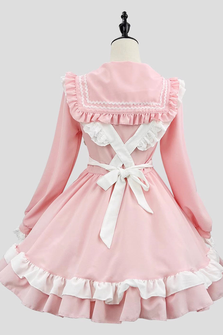 Pink Maid Long Sleeves Ruffle Bowknot Sailor Sweet Plus Size Lolita Dress Full Set - Product - 4