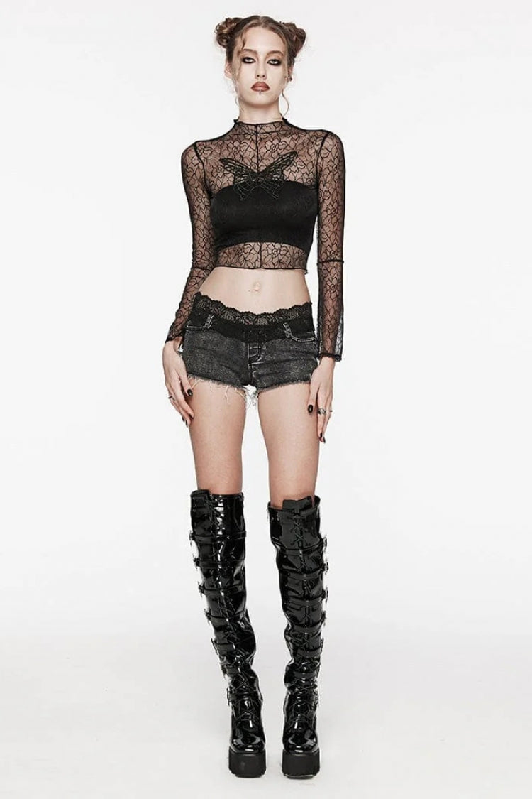 Black Long Sleeves Butterfly Embroidery Sheer Mesh Women's Gothic T-Shirt - Product - 4