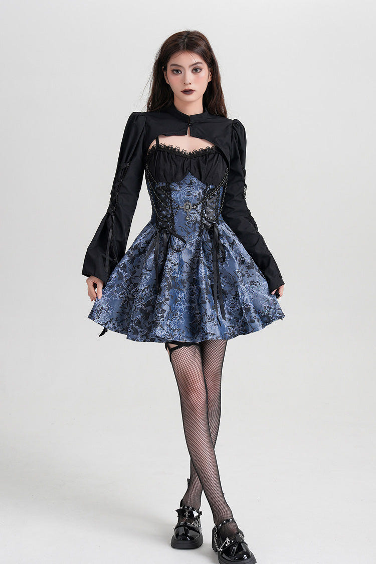Blue Sleeveless Jacquard Printed Spliced Lace-Up Gothic Vintage Lolita Jsk Dress - Product - 7