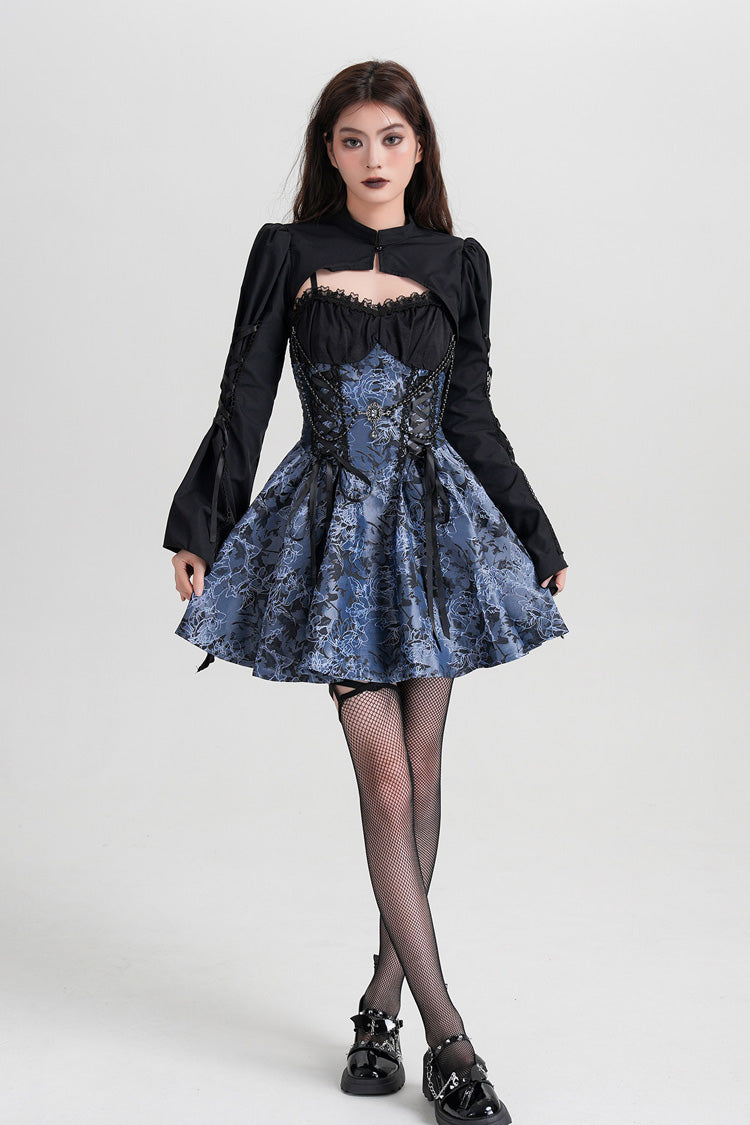 Blue Sleeveless Jacquard Printed Spliced Lace-Up Gothic Vintage Lolita Jsk Dress - Product - 7