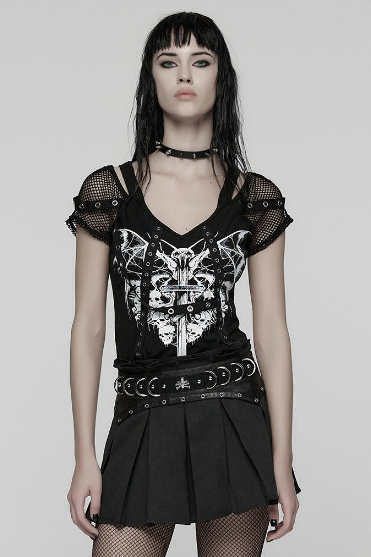Black Short Sleeves Printed Spliced Mesh Strappy Eyelet Women's Punk T-Shirt - Black - 1