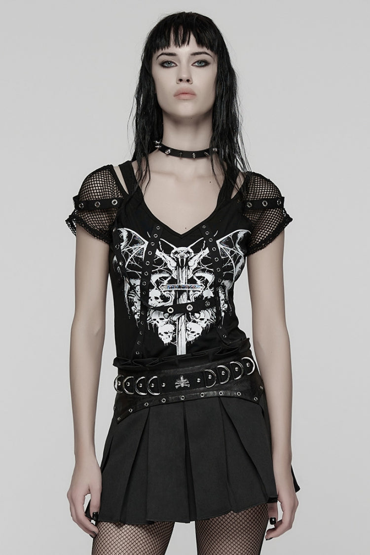 Black Short Sleeves Printed Spliced Mesh Strappy Eyelet Women's Punk T-Shirt - Black - 1