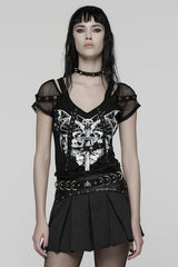 Black Short Sleeves Printed Spliced Mesh Strappy Eyelet Women's Punk T-Shirt - Black - 1