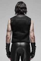 Black Punk Rough No Elasticity Woven Mesh Metal Buckle Belts Decoration Perspective Sleeveless Metal Zipper Men's Vest - Product - 3
